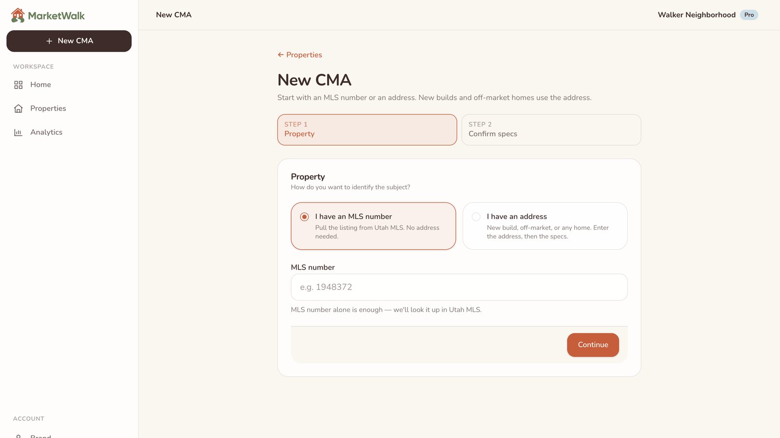 New CMA screen with a choice between an MLS number and an address
