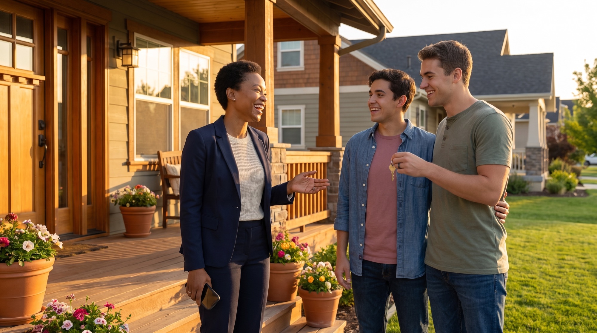 An agent on a front porch with two buyers, phone down, house keys in hand