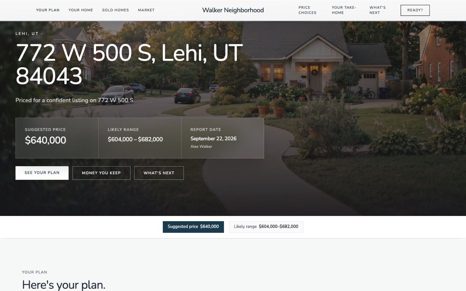 Branded seller page for 772 W 500 S, with Walker Neighborhood in the nav and a navy suggested price