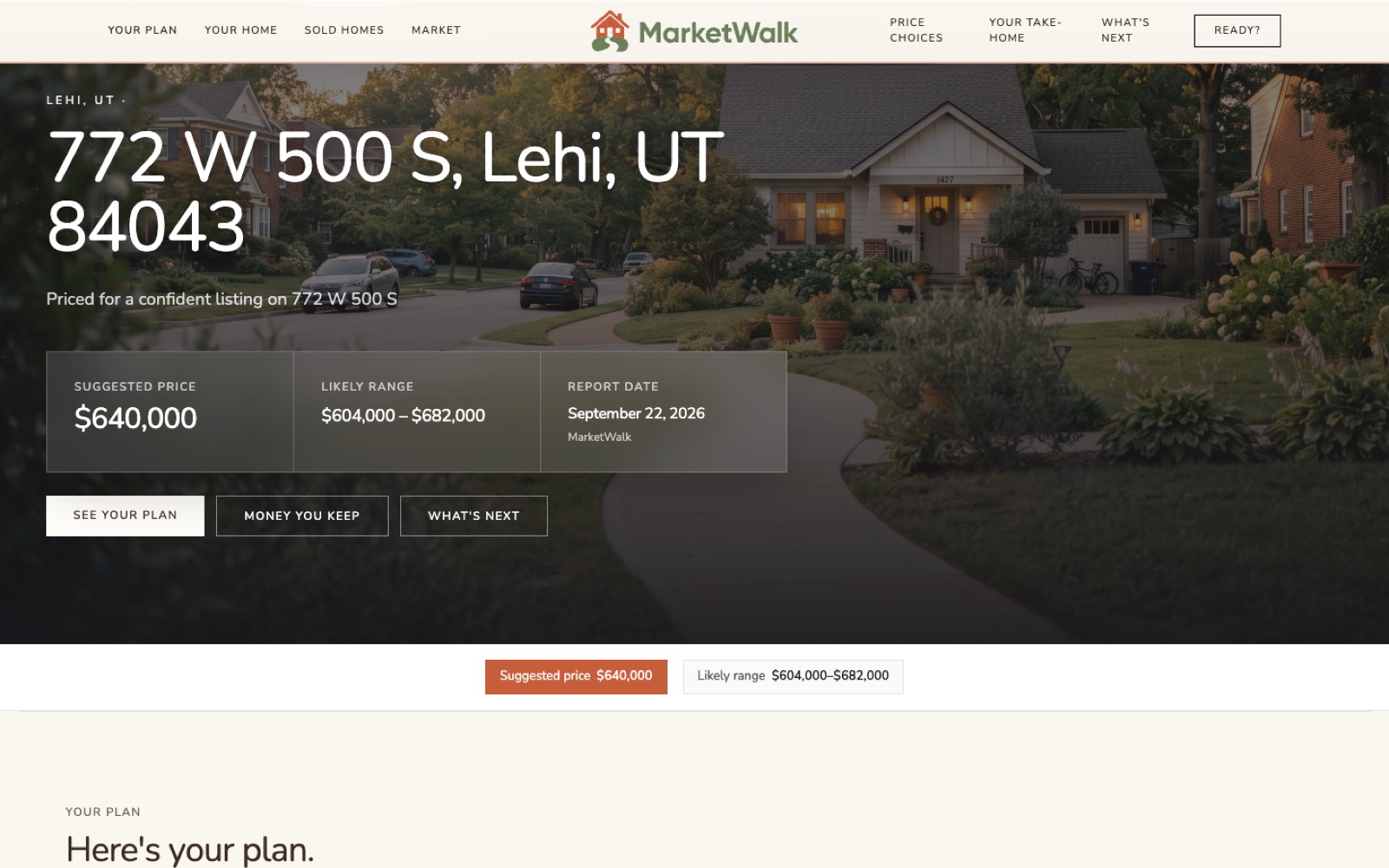 MarketWalk seller page for 772 W 500 S, with a terracotta suggested price of $640,000