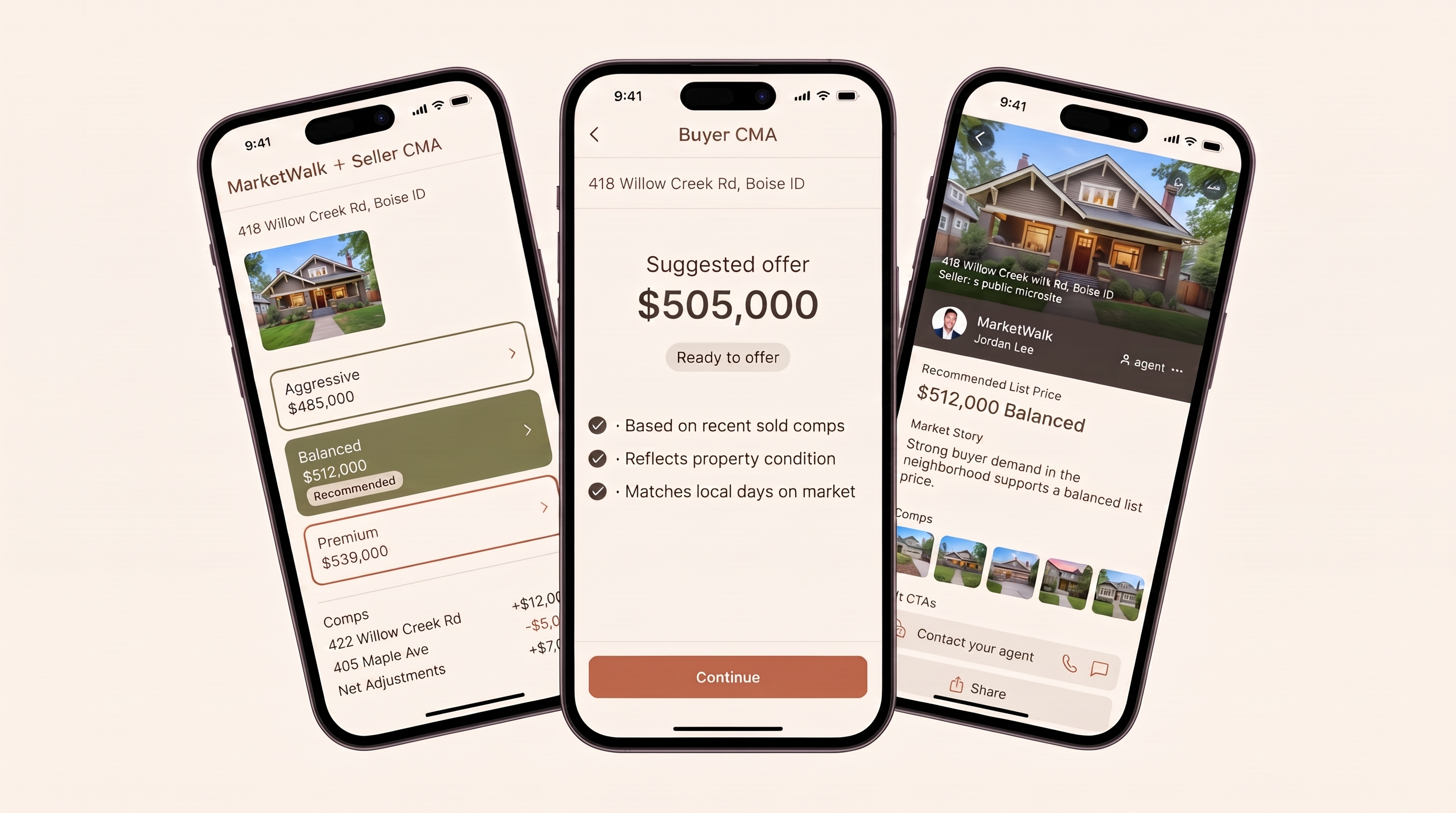 MarketWalk Seller CMA, Buyer CMA, and seller property landing page on three phones
